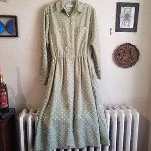 90s Vintage Green Beige Polka Dot Dress Size 10